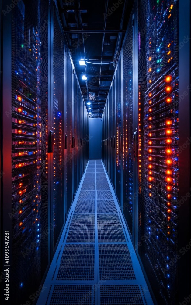 Poster a dimly lit corridor lined with server racks, showcasing vibrant led lights. this data center highli