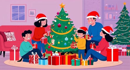 A warm and cozy illustration of a family gathered around the Christmas tree unwrapping presents and enjoying the holiday together