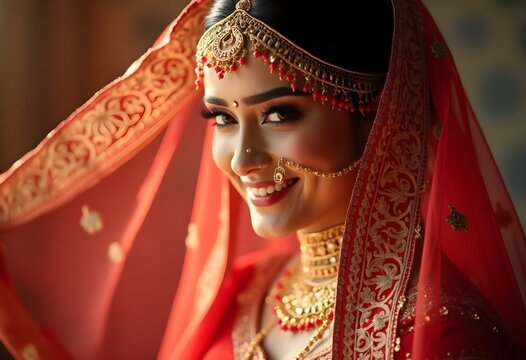 Stunning Indian bride dressed in Hindu red traditional wedding clothes lehenga embroidered with gold and a veil smiles tender