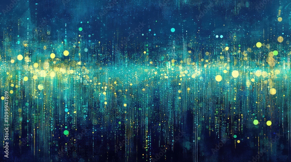 Poster abstract fractal patterns in neon blue and green, creating a glowing, layered effect of cyber data a