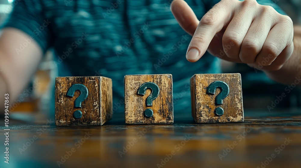 Poster a person of unknown gender and ethnicity points at three wooden cubes with question marks, symbolizi