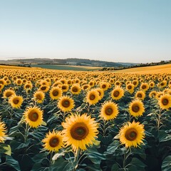 Obraz premium Vast Sunflower Field Stretching Under Bright Blue Sky in Scenic Countryside Landscape