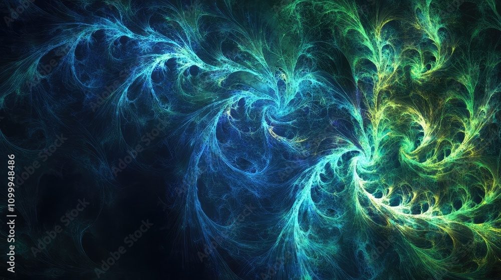 Poster abstract fractal patterns in neon blue and green, creating a glowing, layered effect of cyber data a