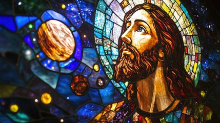 Obraz premium Stained Glass Artwork of Christ in Cosmic Universe Setting