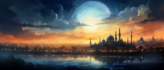 Naklejka premium Watercolor Painting of a Cityscape During Ramadan Sunset