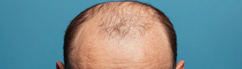 Fototapeta premium Detailed view of a bald or thinning head, highlighting hair loss and scalp texture against a plain blue background.