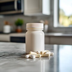 White Bottle and Capsules on Marble Counter in Kitchen