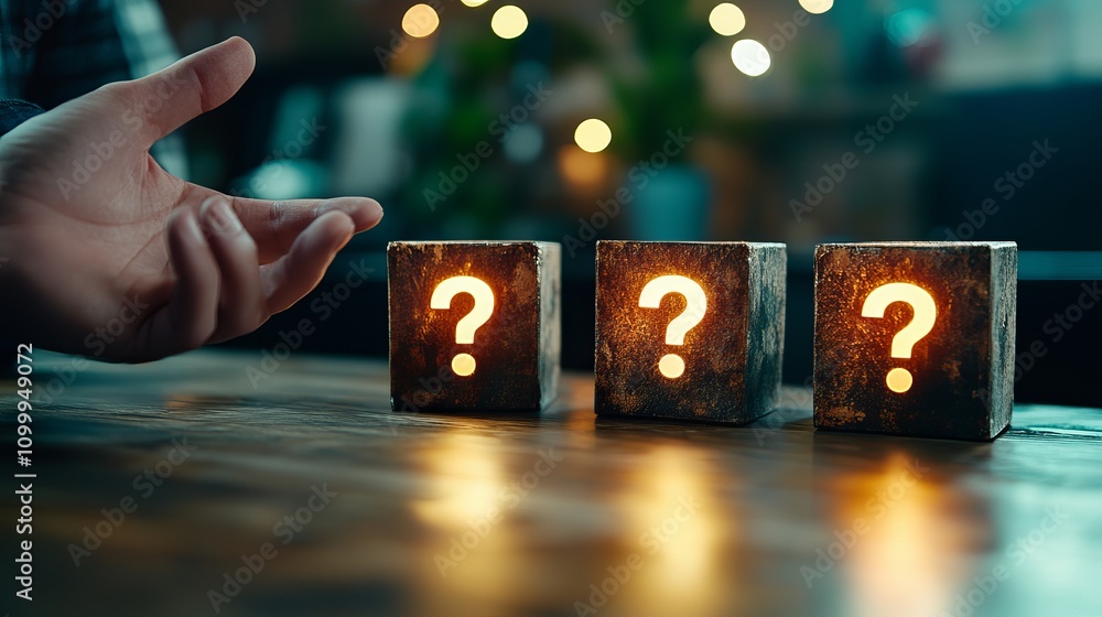 Poster a person's hand gestures toward three illuminated blocks with question marks, evoking curiosity and 