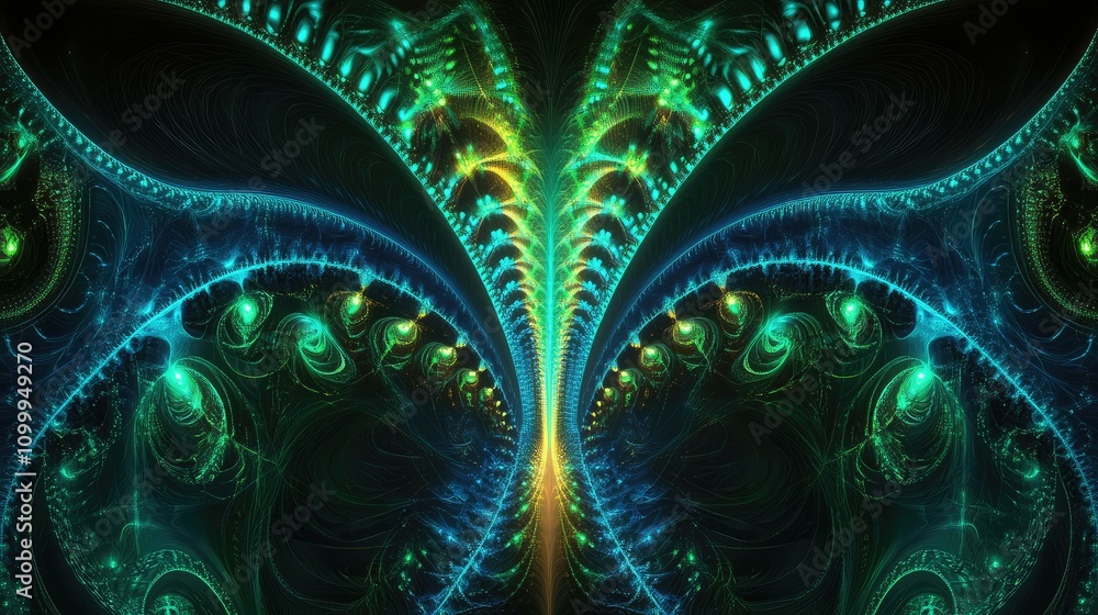 Poster abstract fractal patterns in neon blue and green, creating a glowing, layered effect of cyber data a