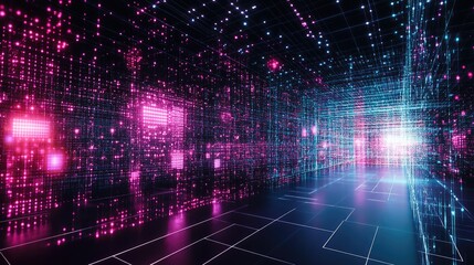 Obraz premium Abstract geometric grid with glowing dots and lines, visualizing data flow in dark, muted tones