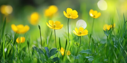 Fototapeta premium Vibrant spring meadow featuring an array of yellow flowers, lush green grass, and a soft focus that highlights a beautiful buttercup, creating a serene natural scene in spring.