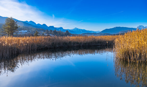 See mit Schilf in den Bergen, Pressegger See, K&auml;rnten, &Ouml;sterreich