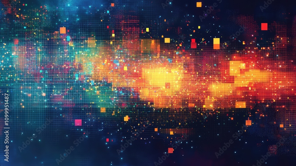 Poster abstract glitchy data display with erratic pixel fragments, colorful distortions, and chaotic visual