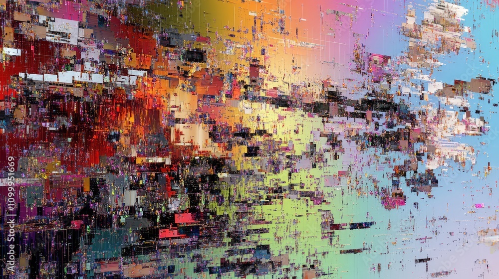 Poster abstract glitchy data display with erratic pixel fragments, colorful distortions, and chaotic visual