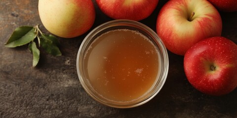 Raw apple cider vinegar with mother showcased in a small glass bowl alongside fresh red apples. This raw apple cider vinegar with mother highlights its natural qualities and vibrant color.