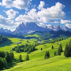 view of the beautiful Langkofel Group of the Dolomites and the green alpine plateau Seiser Alm in South Tyrol Italy