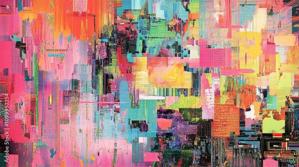 Poster abstract glitchy data display with erratic pixel fragments, colorful distortions, and chaotic visual