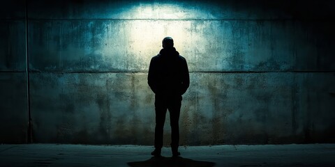 A mysterious faceless mature male stands in a dark urban environment, illuminated in front of a concrete empty wall, creating an intriguing atmosphere of suspense and curiosity.