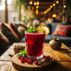 Pomegranate fresh juice glass and healthy soft drink