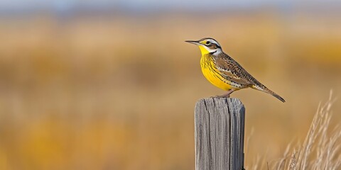 Western meadowlark perched on a weathered fence post in a rural setting. This Western meadowlark is captured in profile with a shallow depth of field, showcasing its stunning features beautifully.