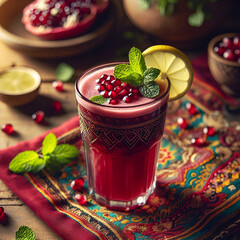 Pomegranate fresh juice glass and healthy soft drink