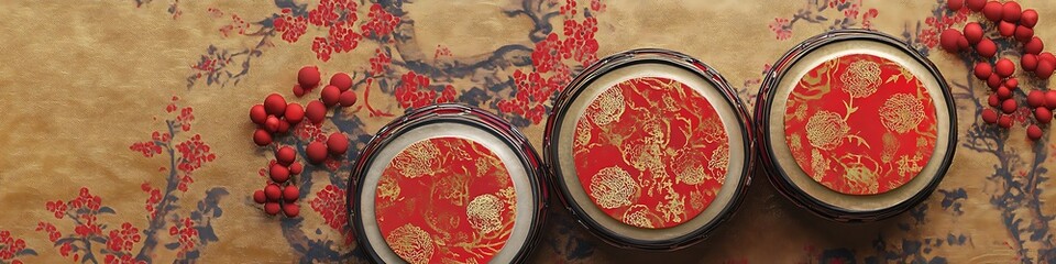 Traditional Chinese New Year Drums Decorated with Red and Gold Patterns