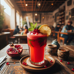 Pomegranate fresh juice glass and healthy soft drink