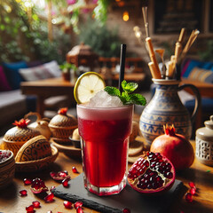 Pomegranate fresh juice glass and healthy soft drink