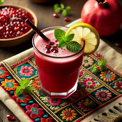 Pomegranate fresh juice glass and healthy soft drink