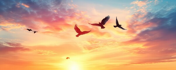 Obraz premium Silhouetted birds soaring across a pastelcolored sky during sunset, their shapes standing out against the soft gradients of evening light