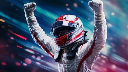 Racing Driver Celebrates Victory with Raised Arms