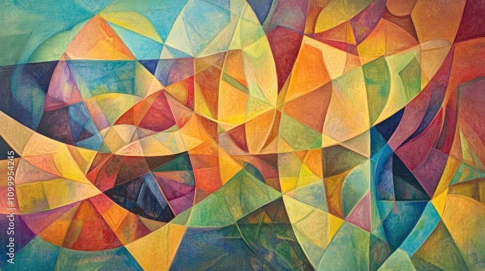 Poster colorful geometric abstract artwork with dynamic shapes and patterns