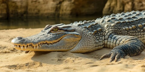 Fototapeta premium A crocodile rests on the sandy terrain of a zoological garden, showcasing its unique features in the environment of a zoological garden filled with various wildlife.