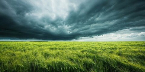 Dark storm clouds loom over a vast field of grass, creating a dramatic atmosphere. The contrast of the storm clouds with the green grass makes for a striking visual of nature s power.