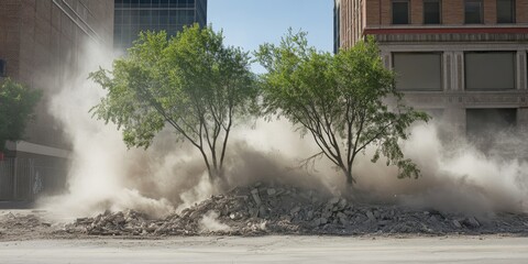 Trees emerging from the dust following a building implosion illustrate resilience in nature. The trees stand tall amidst the debris, showcasing the power of nature after a building implosion.