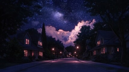 Nighttime Suburban Street Under Starry Sky