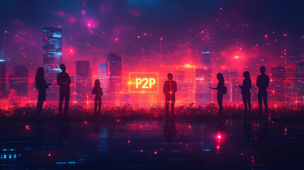 Friends coordinating a resource exchange on a peer-to-peer app, with "P2P" subtly glowing in the interface.