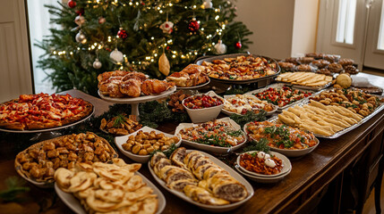 Festive holiday feast with a variety of dishes arranged on a table near a decorated Christmas tree