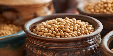 Dried soy beans, also known as soya beans, displayed in pottery, emphasize the rich texture and versatility of soybean grain as a food source in culinary applications and healthy diets.