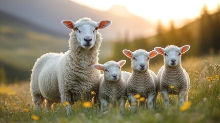 Obraz premium A group of sheep grazing in a green field