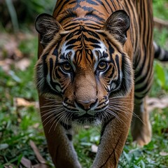 Fototapeta premium Wildlife tiger striped photography. Open eye black orange fur. Dangerous cat animal tropical jungle forest hunter close up photo