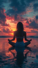 Fototapeta premium Woman meditating at sunset by the beach with radiant colors reflecting on water