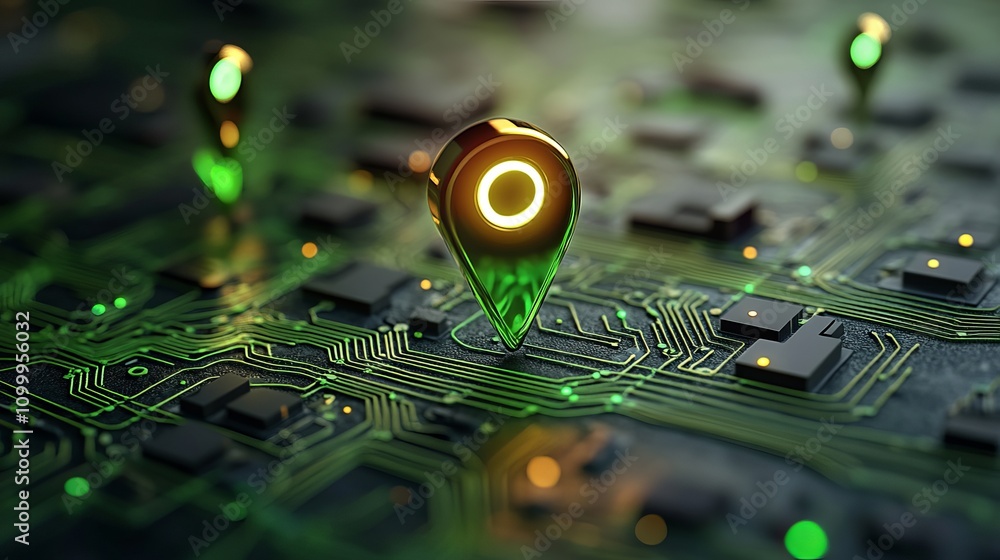 Aufkleber a close-up view of a digital circuit board featuring glowing green location pins. the intricate deta