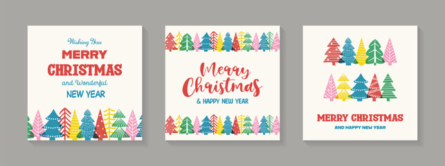 Fototapeta premium Colourful Christmas greeting card collection with cartoon trees. Vector illustration