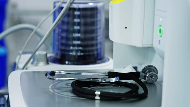 Stethoscope is left on the medical machine. Close up. Lung ventilator pump works at backdrop in blur.