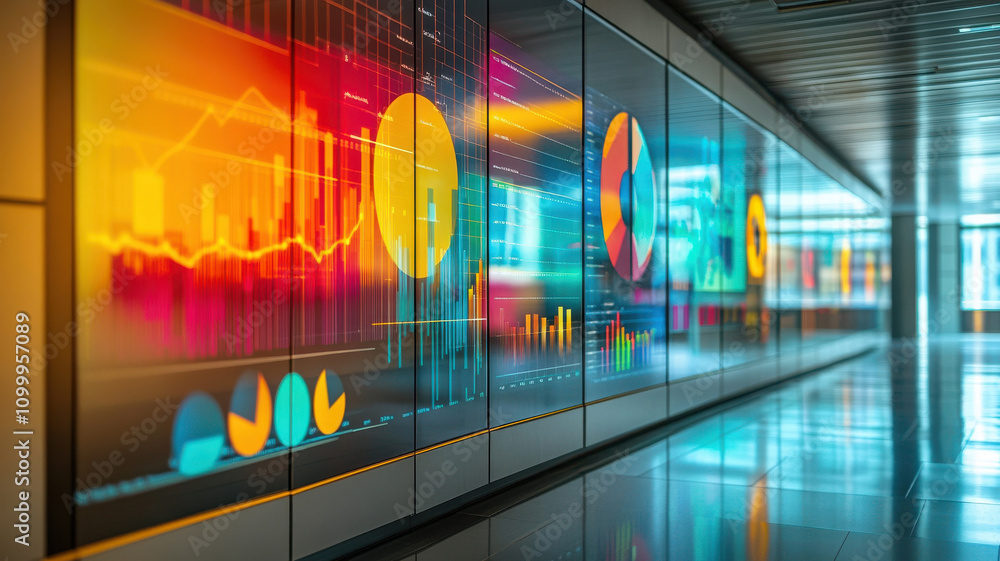 Poster vibrant infographic displayed on wall, showcasing key business metrics and data visualizations in mo