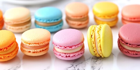Obraz premium Delicious and vibrant French macaroons, these sweet treats are perfect for any occasion. Enjoy the delightful flavors of these colorful French macaroons that brighten up any dessert table.