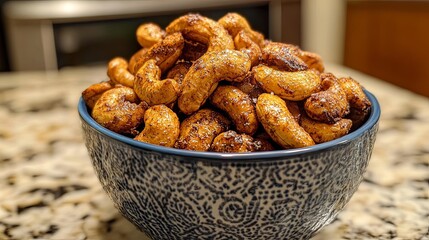 Fototapeta premium Crispy Cinnamon Roasted Cashews in a Blue Bowl - Delicious Snack Recipe