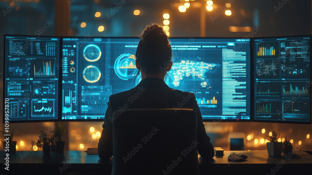 Poster data analyst working on multiple screens in modern office, surrounded by glowing lights and charts. 