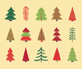 Obraz premium Colourful Christmas tree collection. Holiday ornaments. Vector illustration
